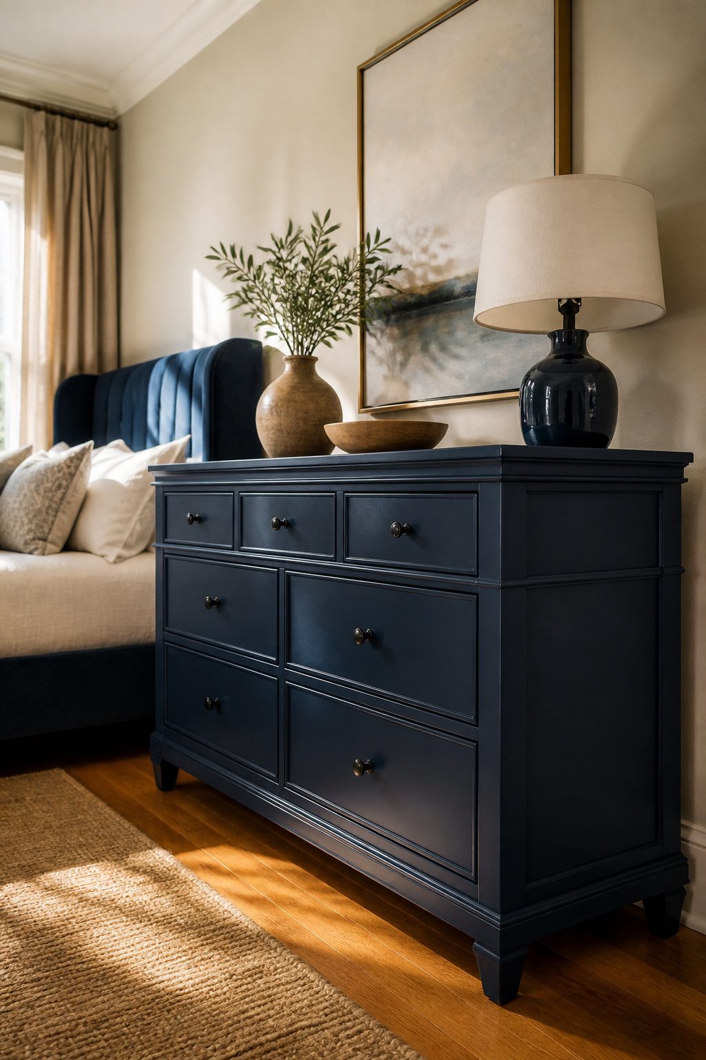 Navy dressers and nightstands in a bedroom setting.