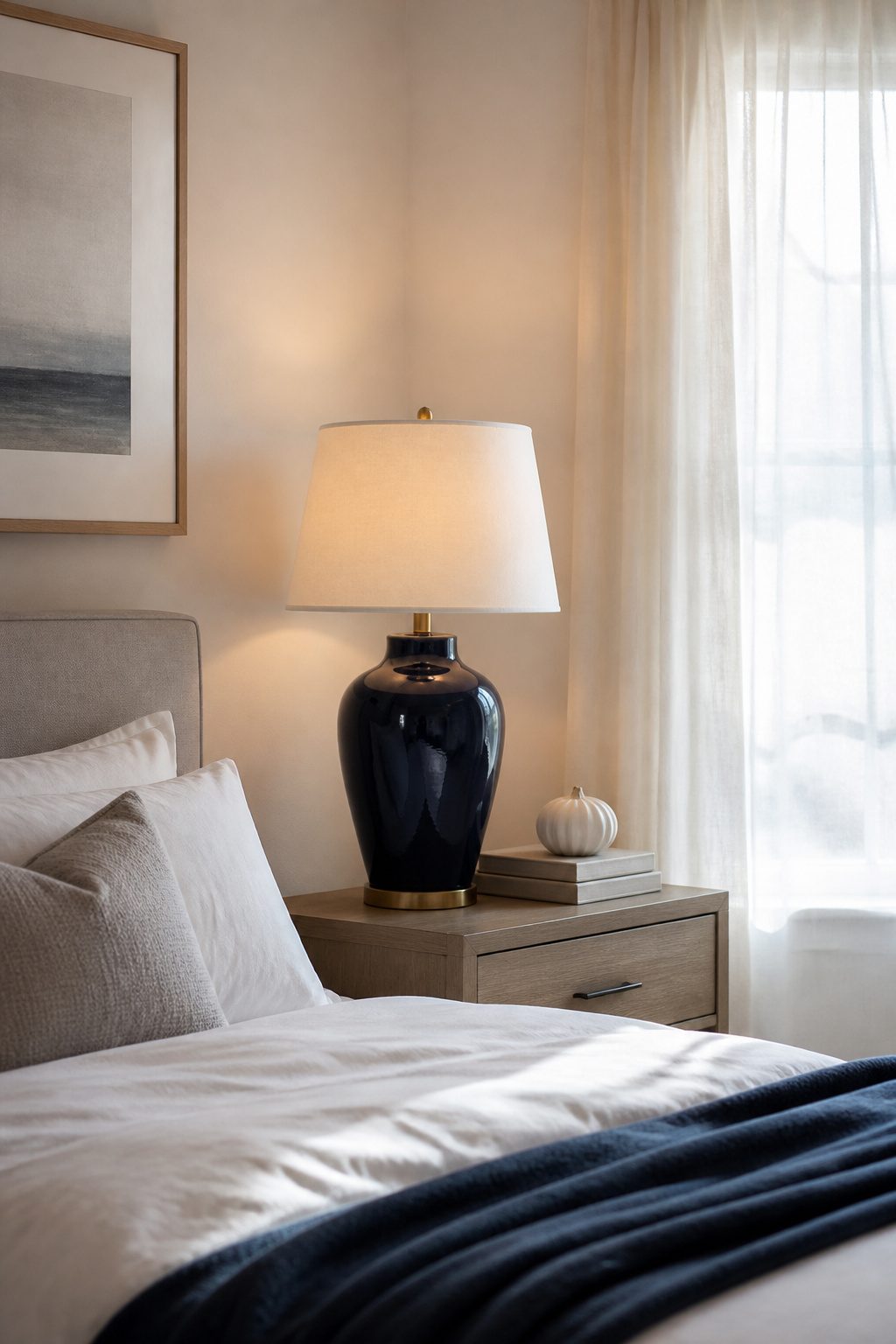 Navy ceramic lamp on a nightstand in a cozy bedroom.