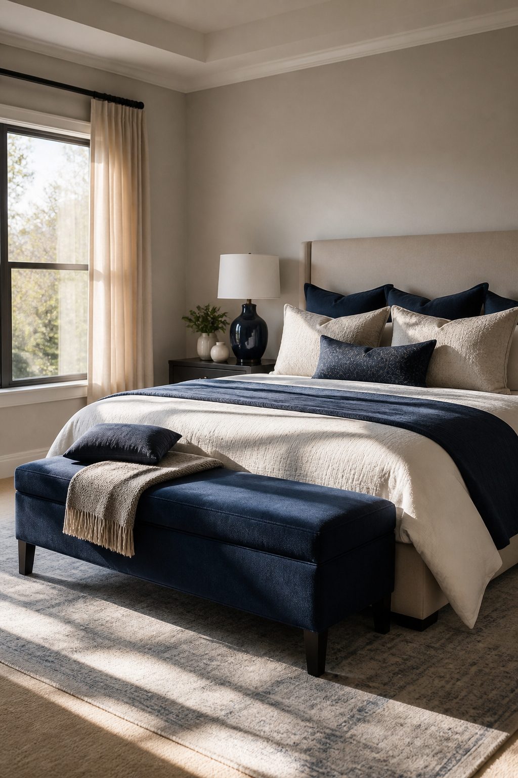 Navy upholstered bench at the foot of a well-made bed.