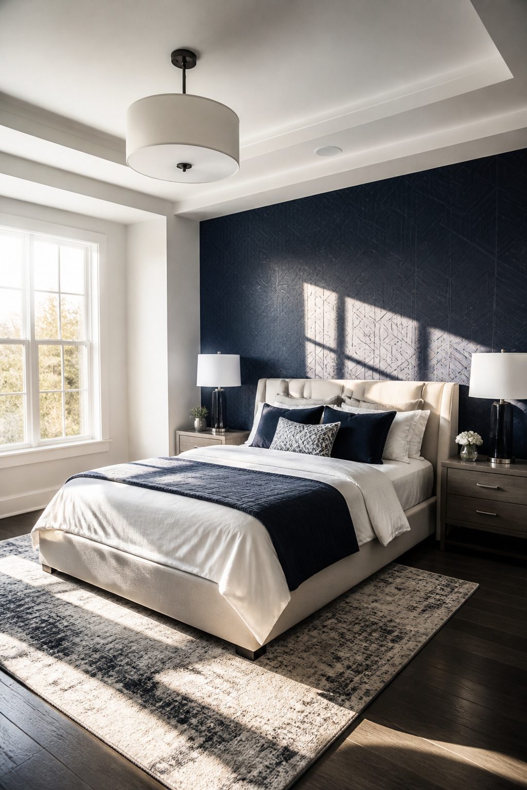 Geometric navy wallpaper on one wall of a stylish bedroom.