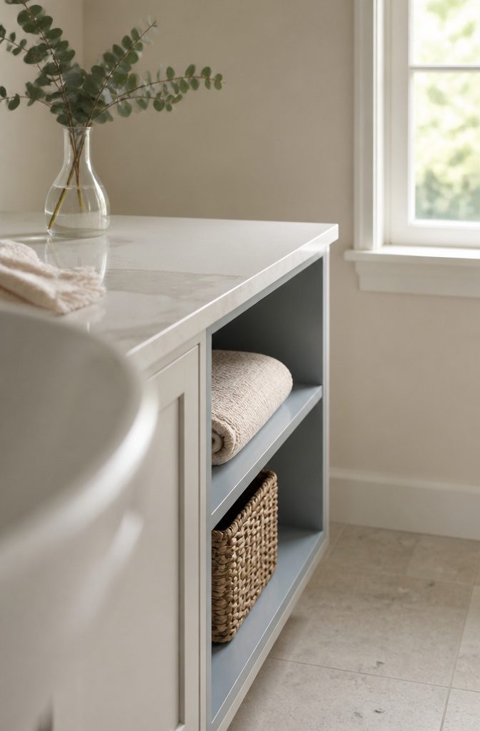 Glass vase with fresh greenery on a neutral bathroom vanity