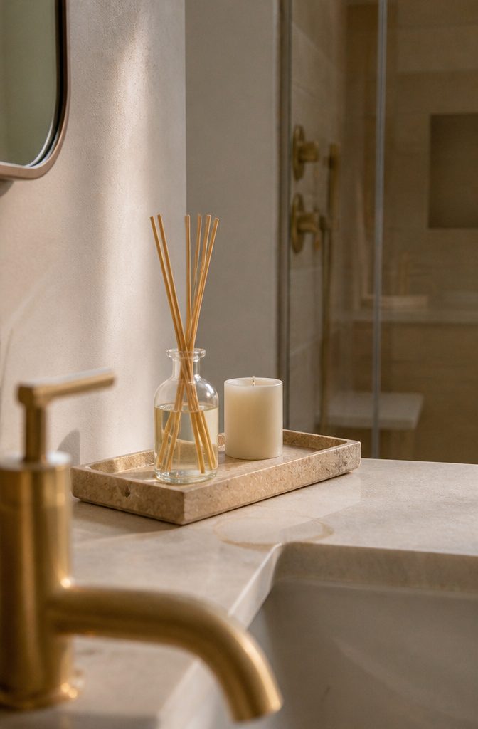 Glass diffuser with reed sticks and unlit candle on a pale stone tray