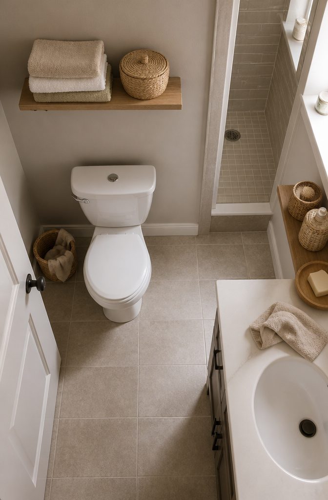 Bathroom with woven storage baskets and shallow shelves holding towels