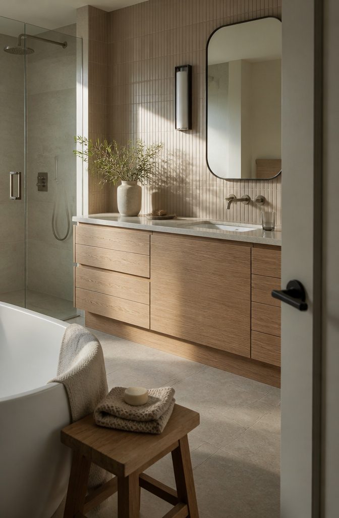 Bathroom vanity with visible wood grain among pale tile and porcelain
