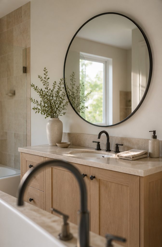 Bathroom sink beneath a round mirror with a black metal frame