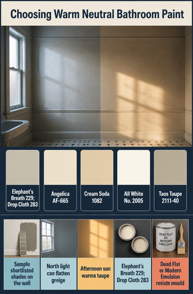 Warm neutral bathroom paint chart with several labeled color options