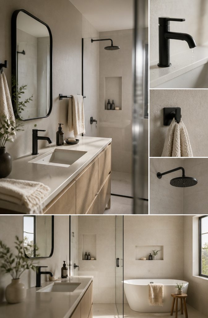 Bathroom with matching dark faucet showerhead and towel bar