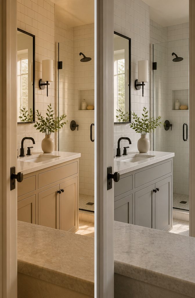 Neutral bathroom with light finishes and dark accents