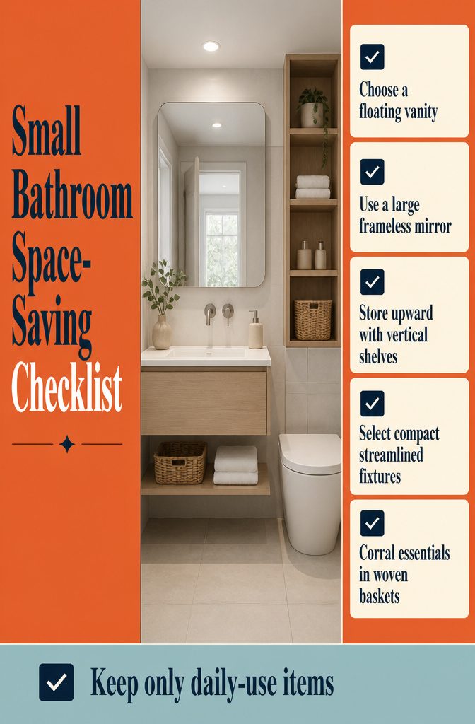Small bathroom space-saving checklist with practical storage and layout tips