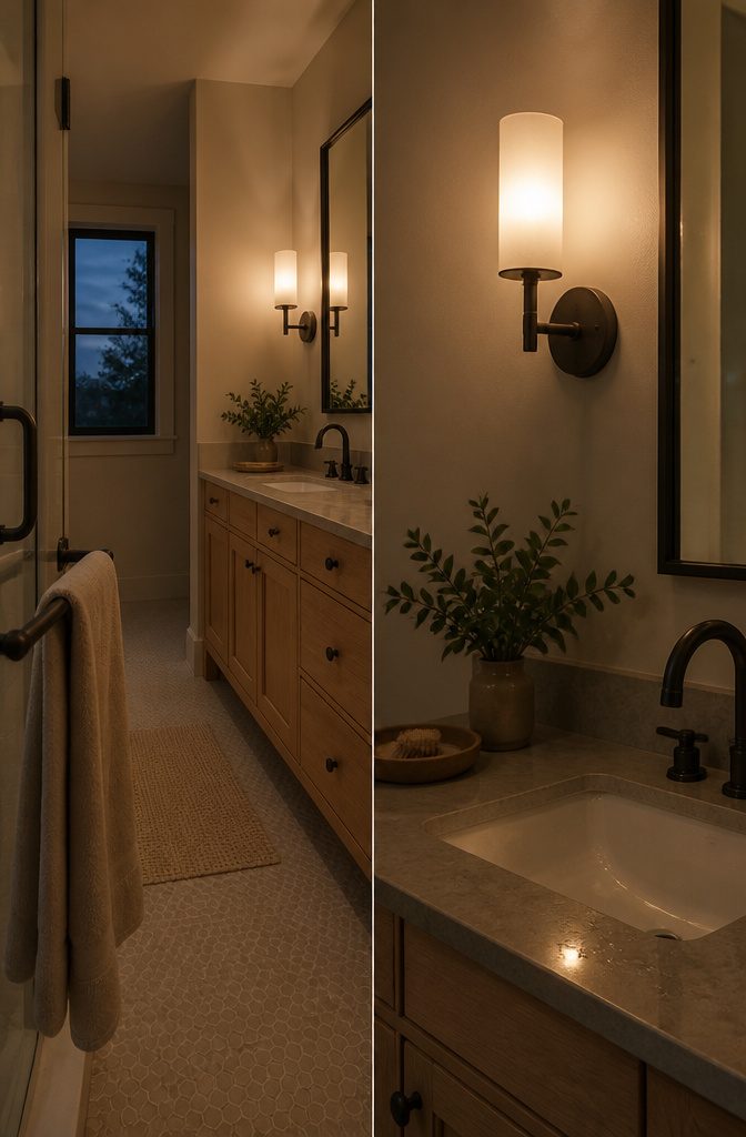 Bathroom vanity with frosted glass lighting and warm-toned finishes