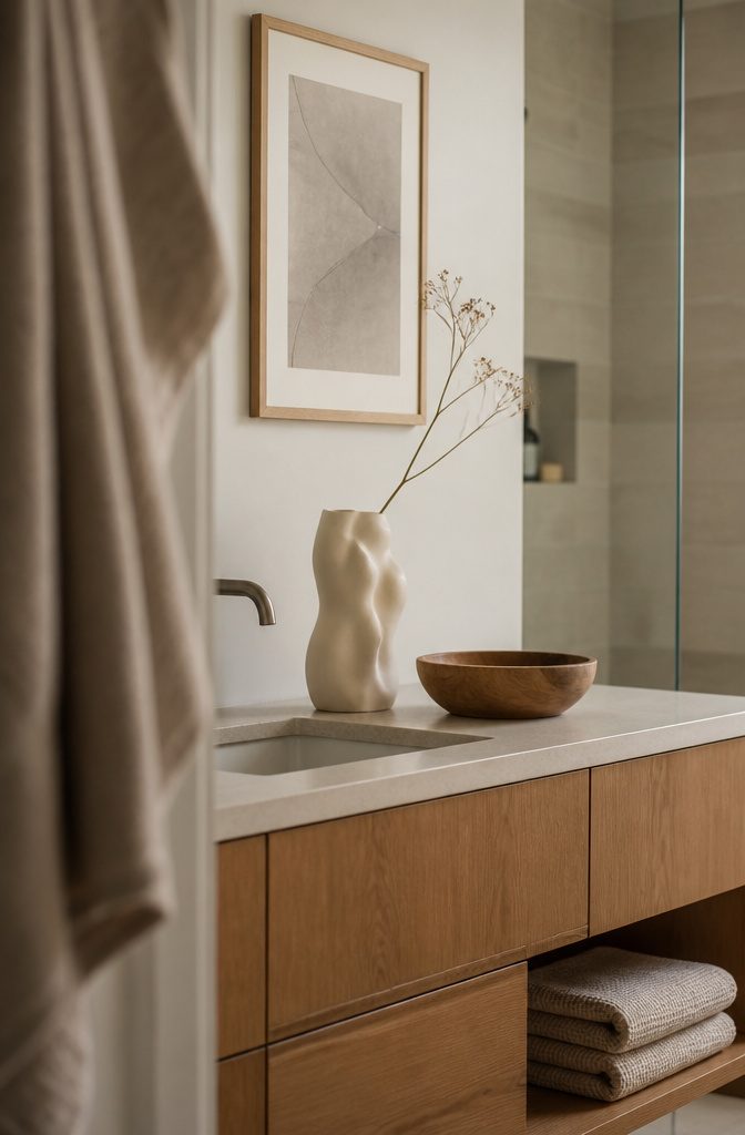 Neutral bathroom with simple framed artwork and decorative objects