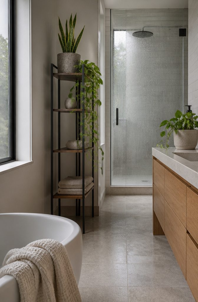 Bathroom with a leafy plant among tile and stone surfaces
