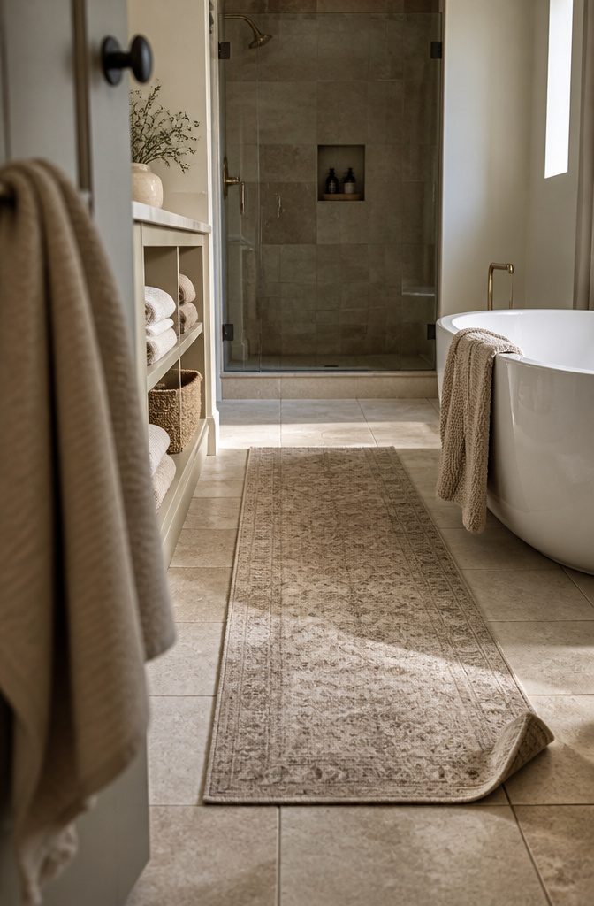 Warm greige runner beside a tub with folded towels on an open shelf