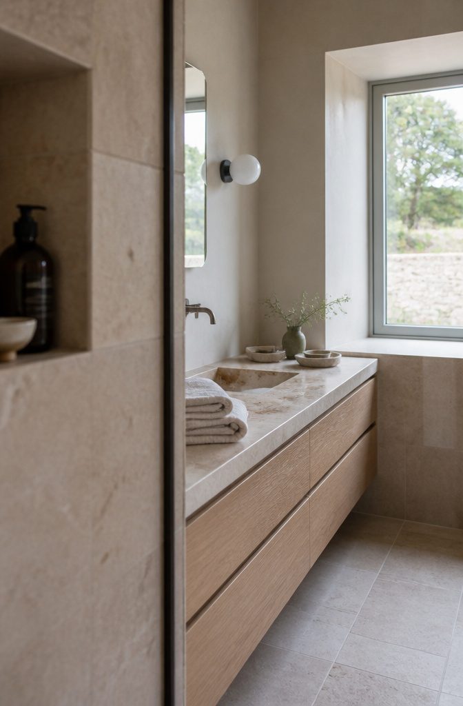 Folded linen towels beside a travertine tray and ceramic soap dish