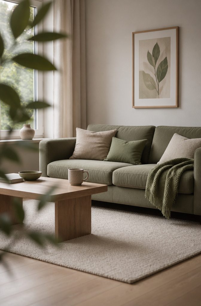 Neutral living room with a sage green sofa and pale furnishings