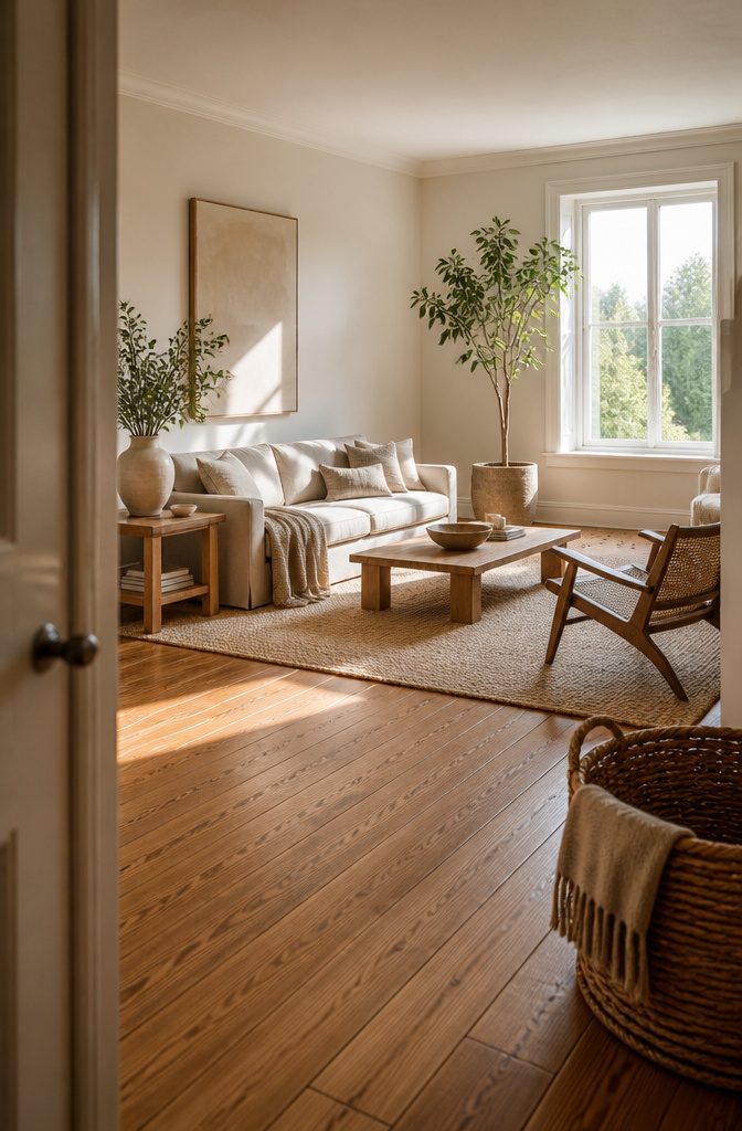 Neutral living room with light wood furniture jute rug and linen upholstery