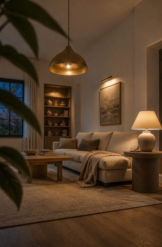 Neutral living room with brass pendant and warm table lamp lighting