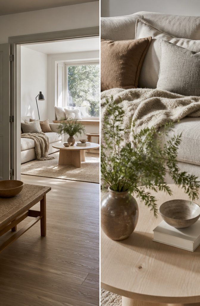 Neutral living room with streamlined furniture birch wood and wool textiles