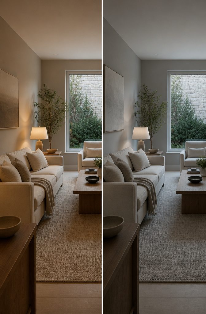 Neutral living room with pale walls and natural light from the windows