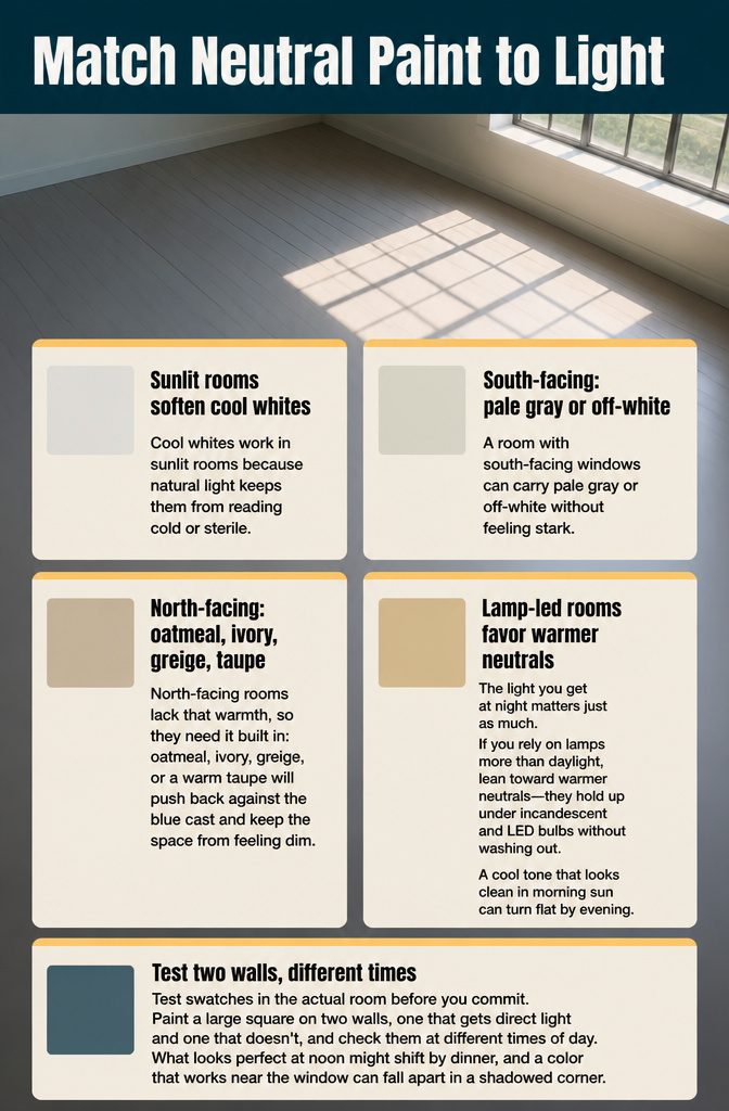 Neutral paint swatches in cool white ivory oatmeal greige and warm taupe