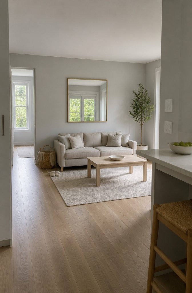 Small neutral living room with gold mirror light wood furniture and wicker basket