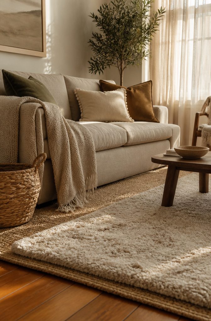 Cream sofa with woven throw velvet cushions and layered jute and wool rugs