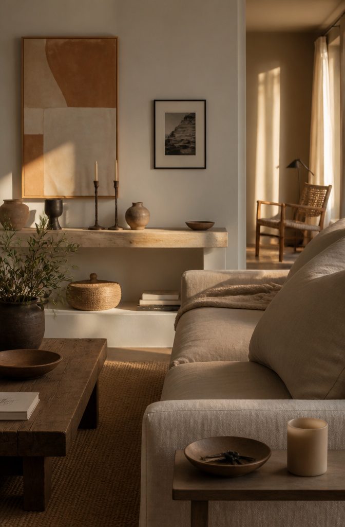 Built-in shelf with earthy ceramics candles and muted abstract artwork