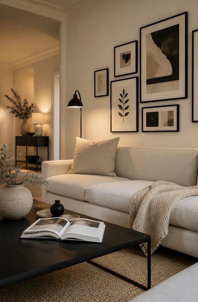 Cream living room with black gallery frames metal table base and floor lamp