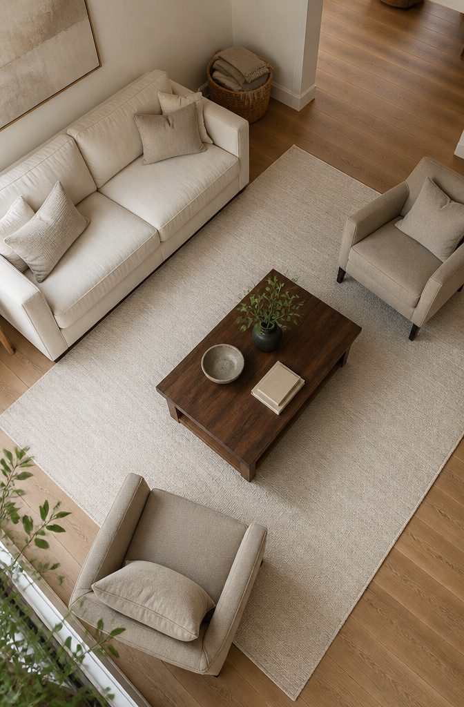 Living room seating arranged over a chunky loop jute rug