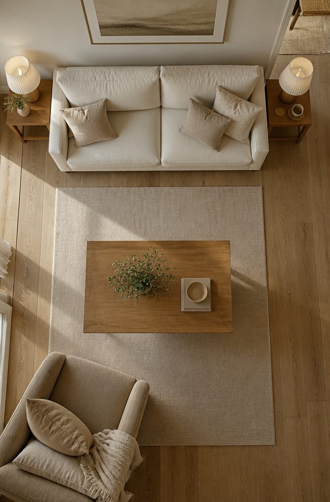 Neutral sofa centered between matching table lamps and side tables