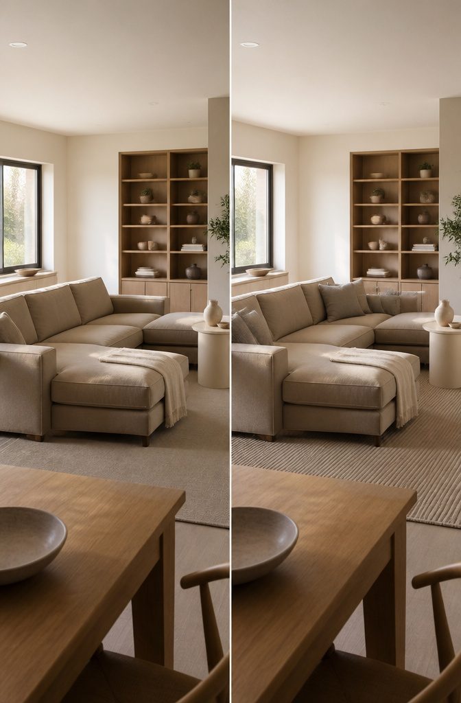 Living room combining warm beige cool gray and soft greige furnishings