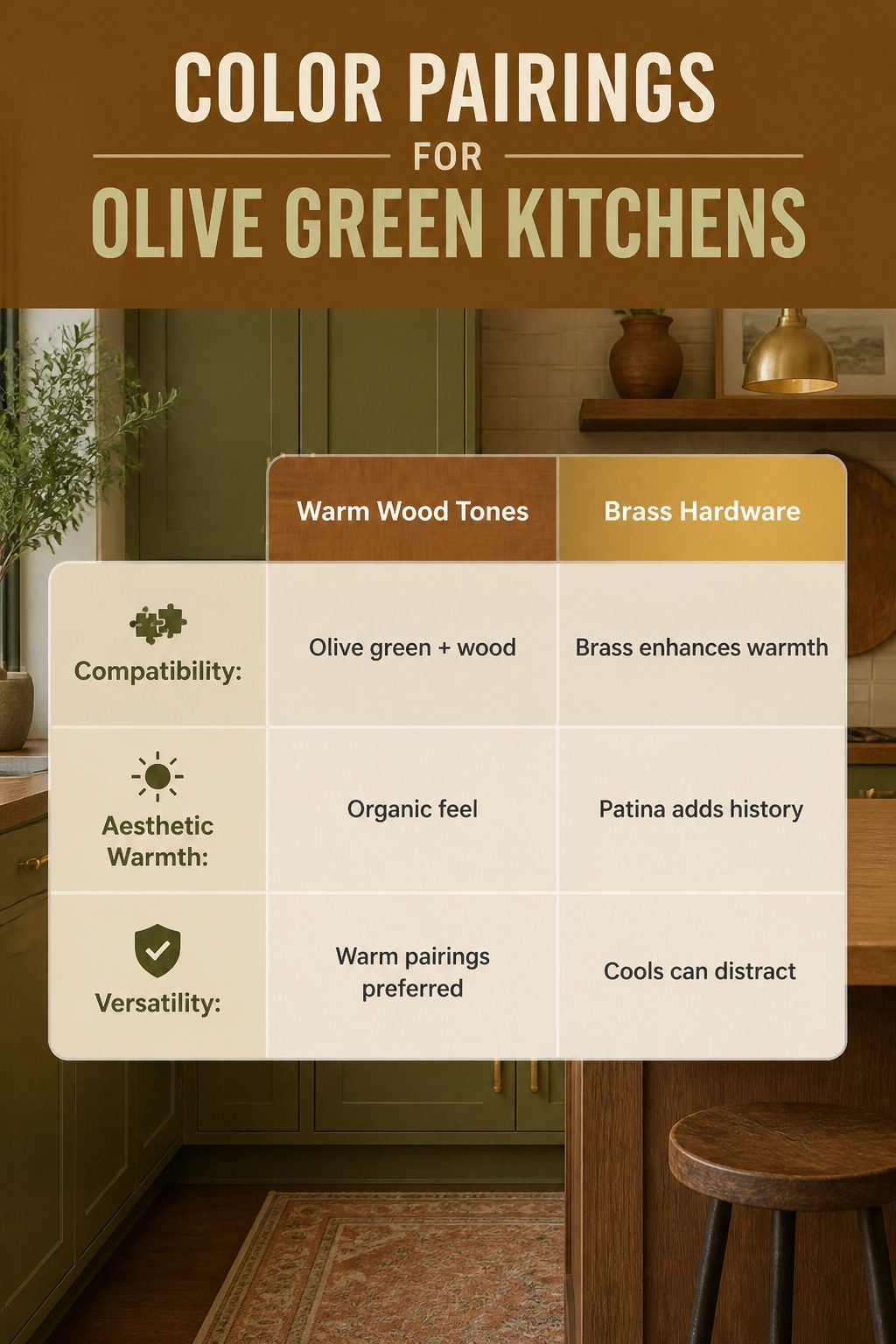 A display of color pairings including warm wood tones and olive green.