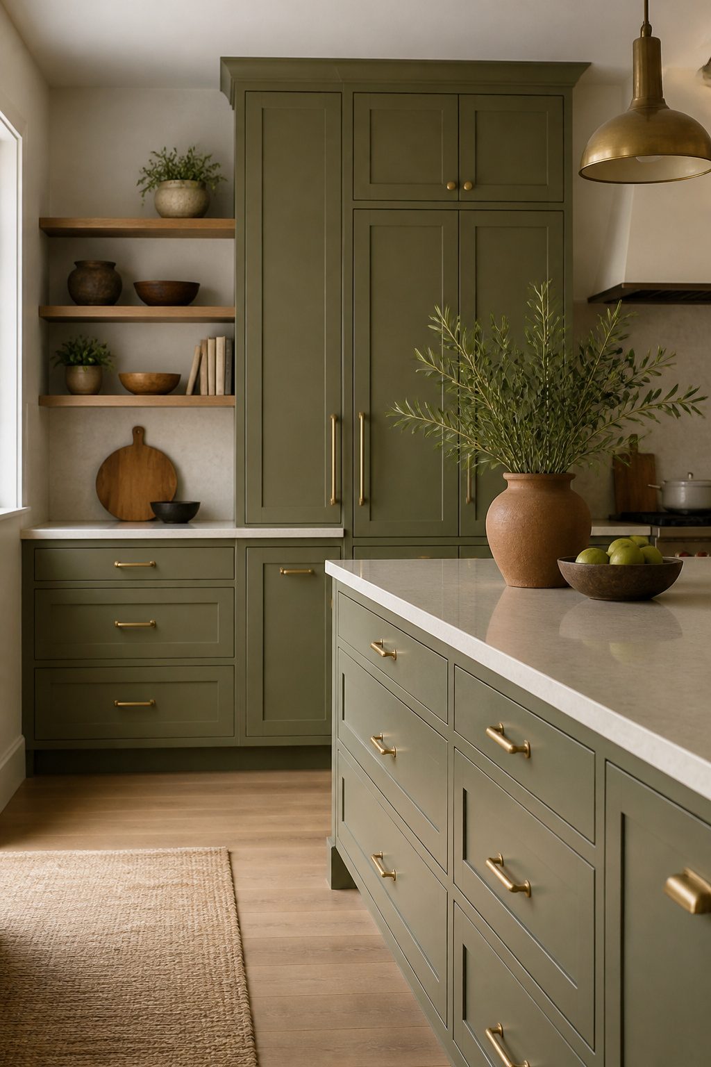 A kitchen with full olive green cabinets and brass hardware.