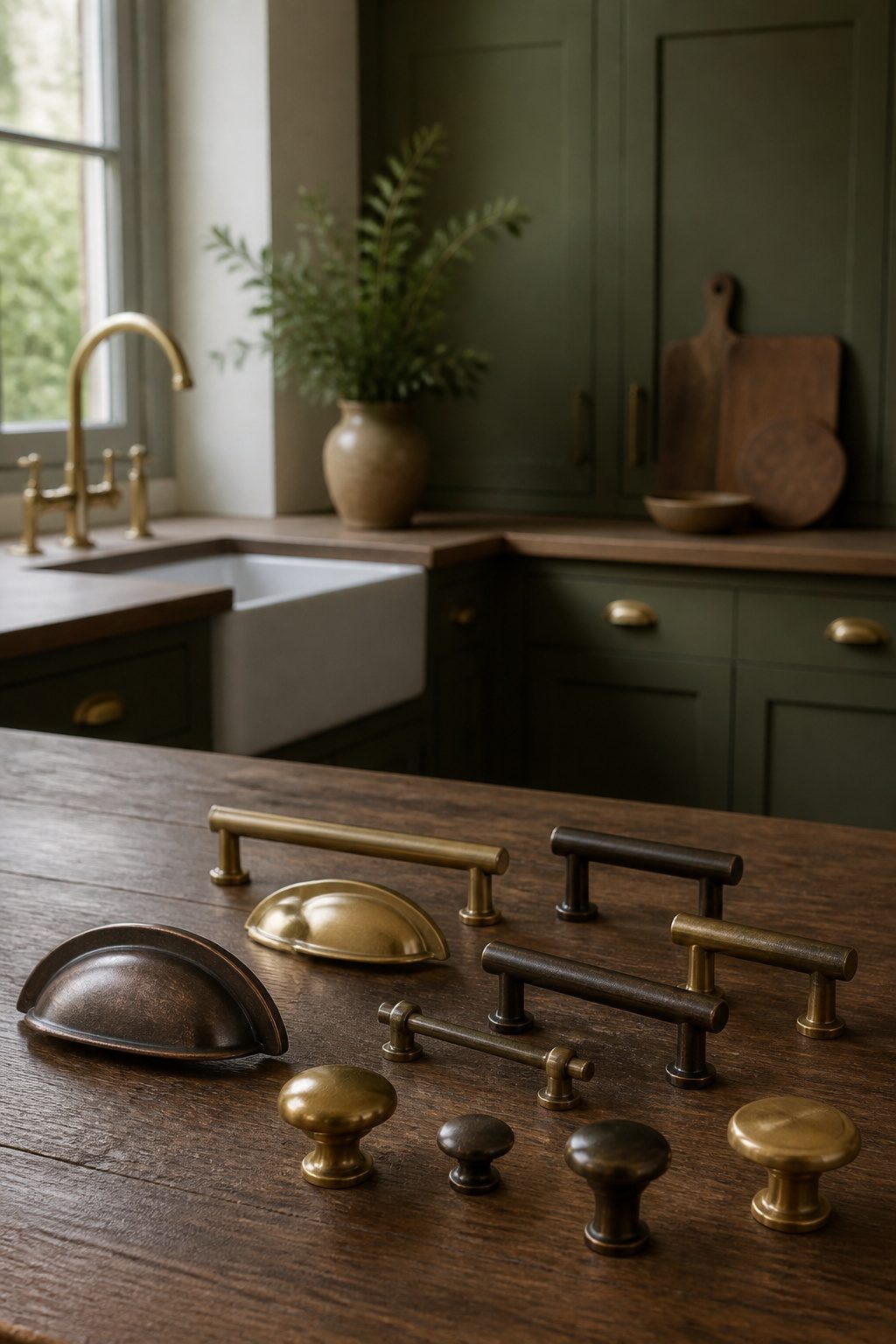 A display of cabinet hardware in aged bronze and unlacquered brass.