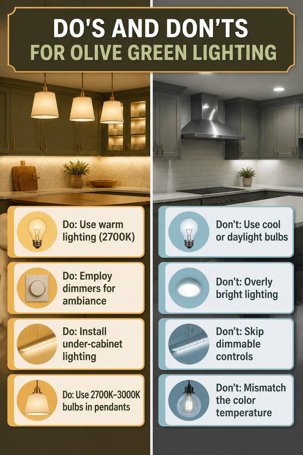 Lighting options demonstrating warm tones suitable for olive green.