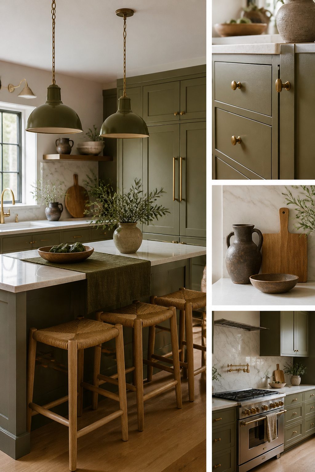 Various cabinet hardware in aged bronze and unlacquered brass finishes.