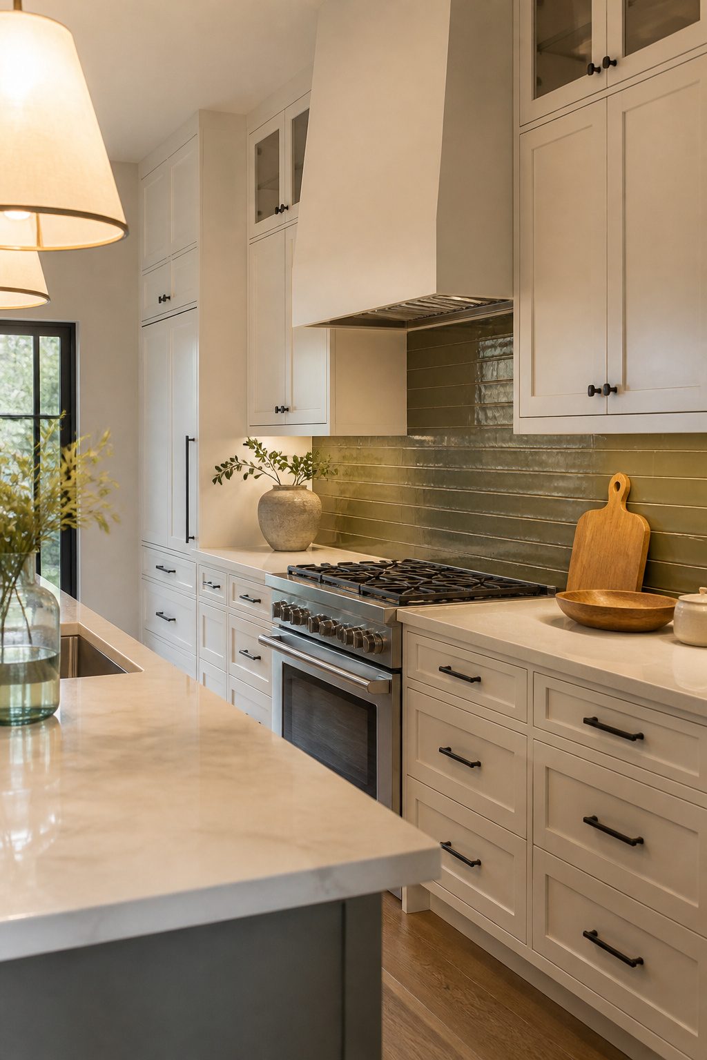 A kitchen featuring an olive green backsplash with cream quartz countertops.