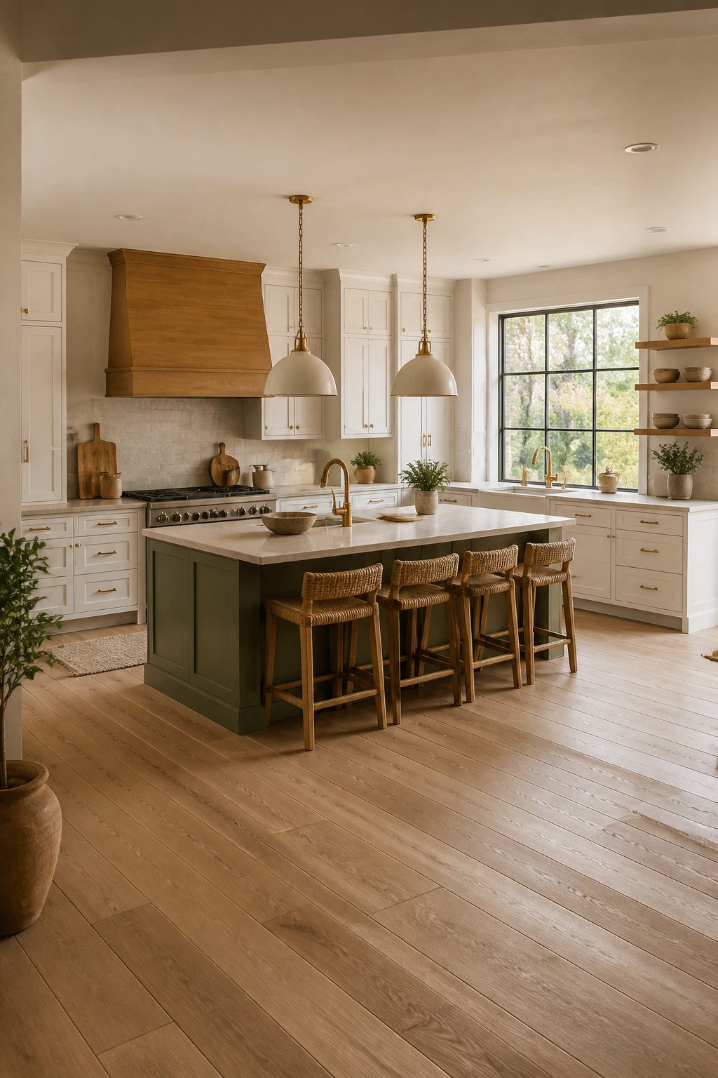 A kitchen with an olive green island and white perimeter cabinets.