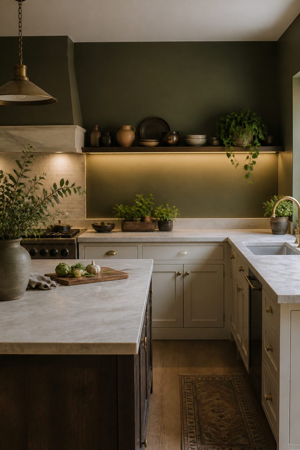 A kitchen with olive green walls and light cream cabinets.