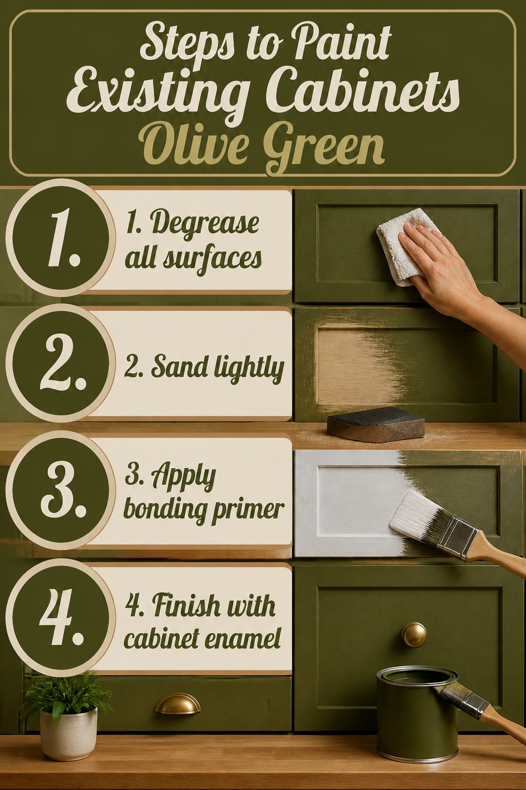 Steps to paint existing cabinets olive green for a fresh look.