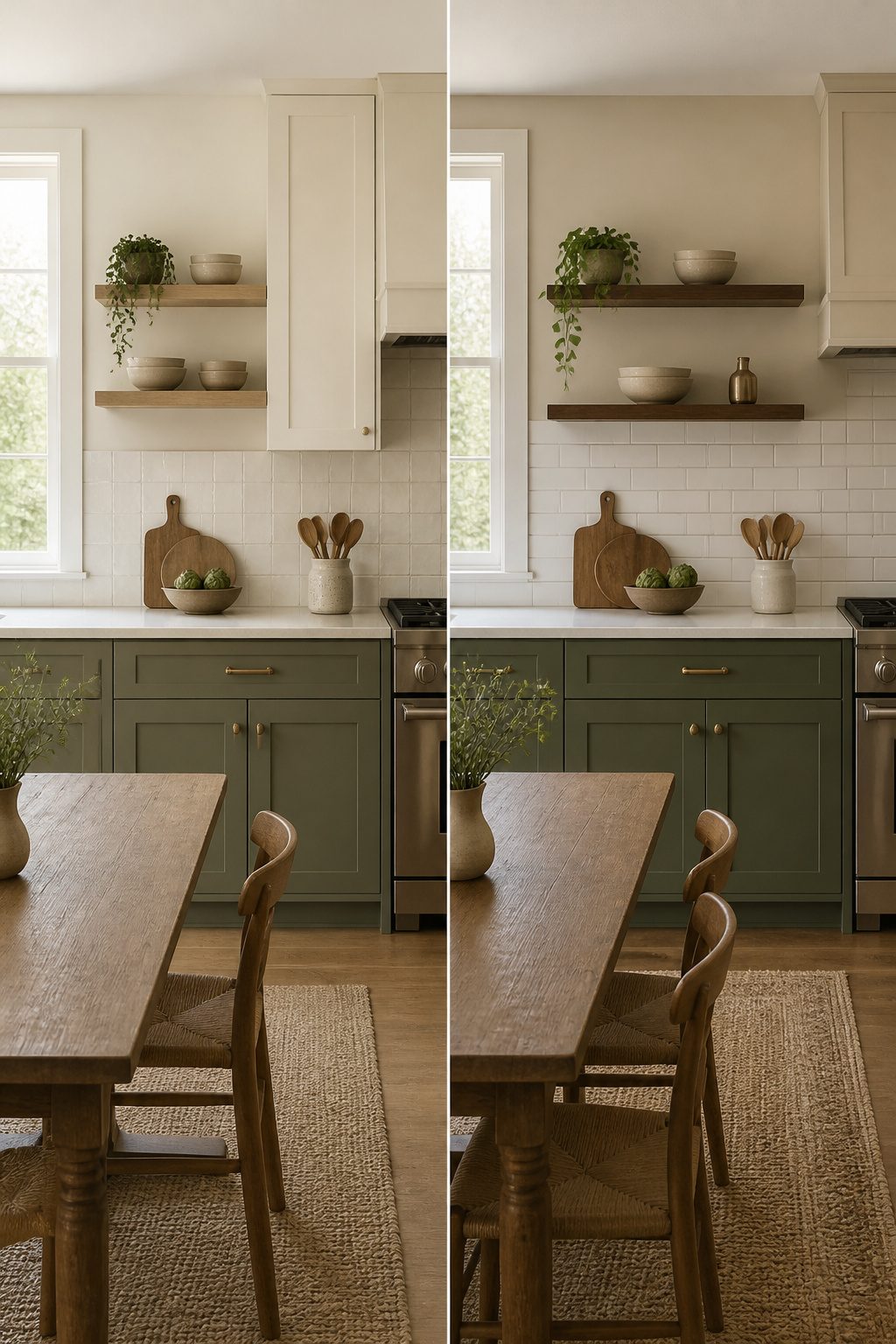 A kitchen showcasing olive lower cabinets and light upper cabinets.