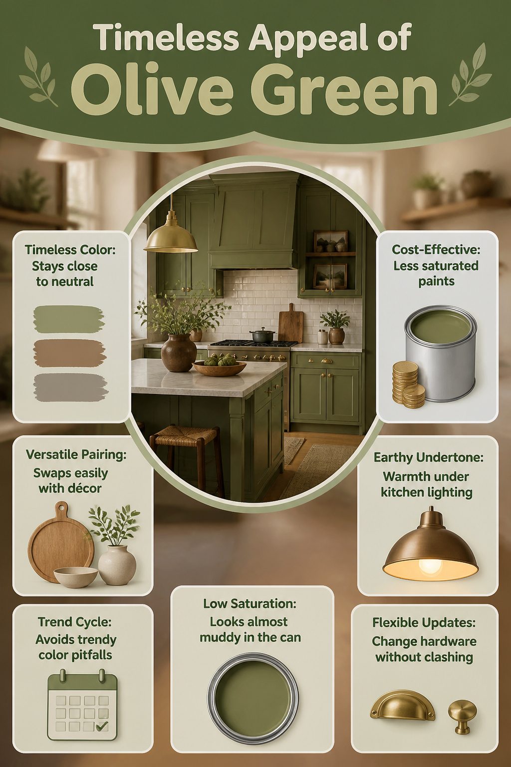 A collection of olive green paint swatches showing earthy tones.