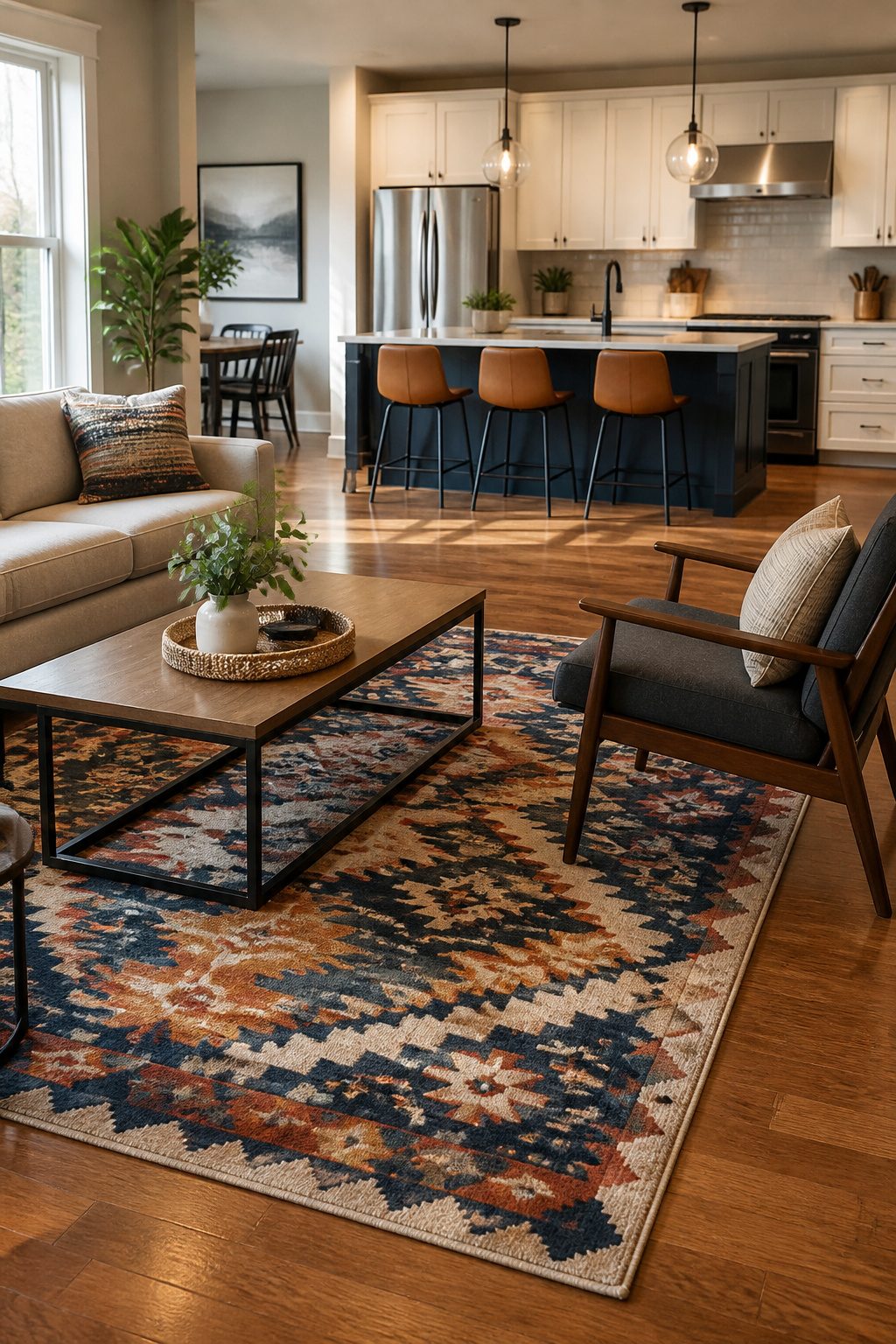 A colorful area rug positioned under a living room seating arrangement.