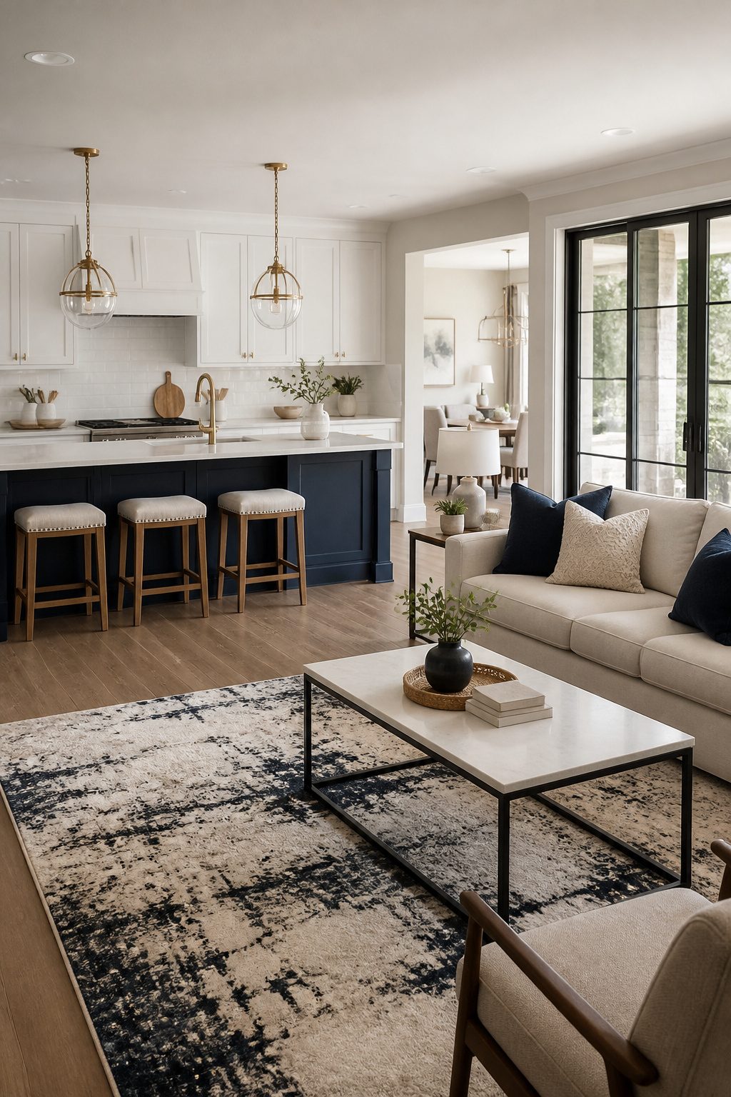 A kitchen with white cabinets and a navy island, connected to a neutral living room.