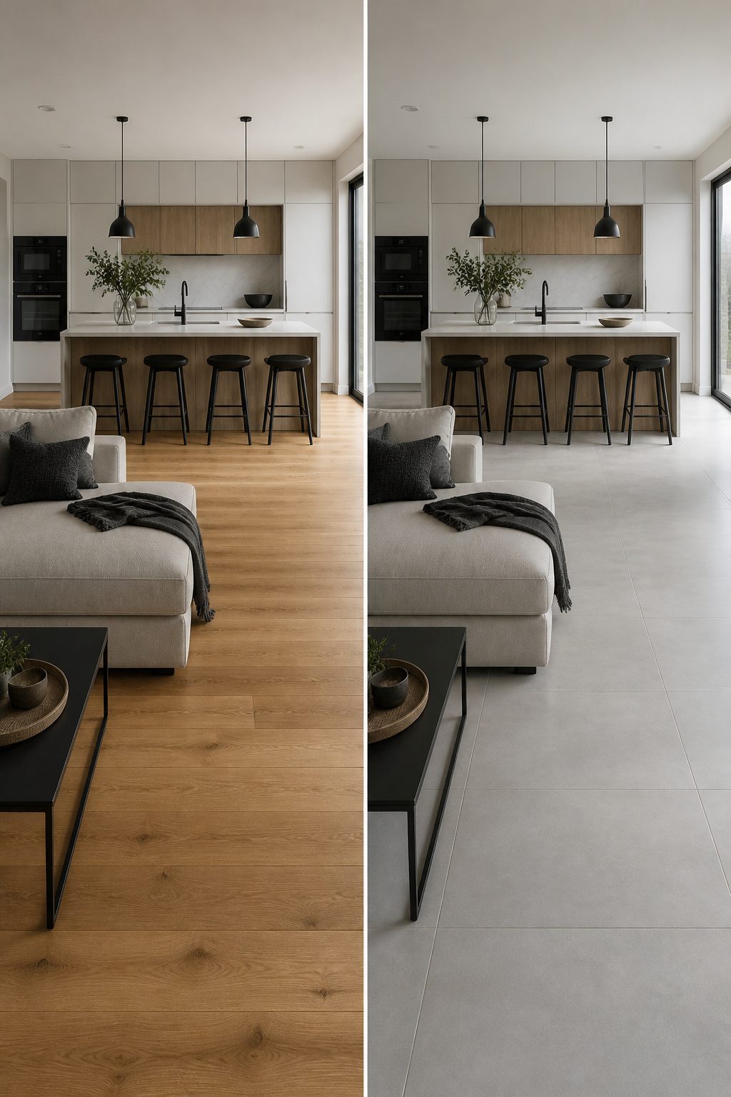 Different flooring materials used to separate kitchen and living room areas.