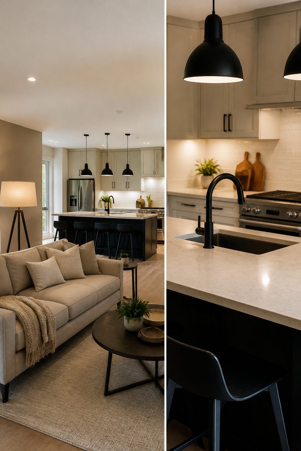 Various lighting fixtures over the kitchen island and living room area.