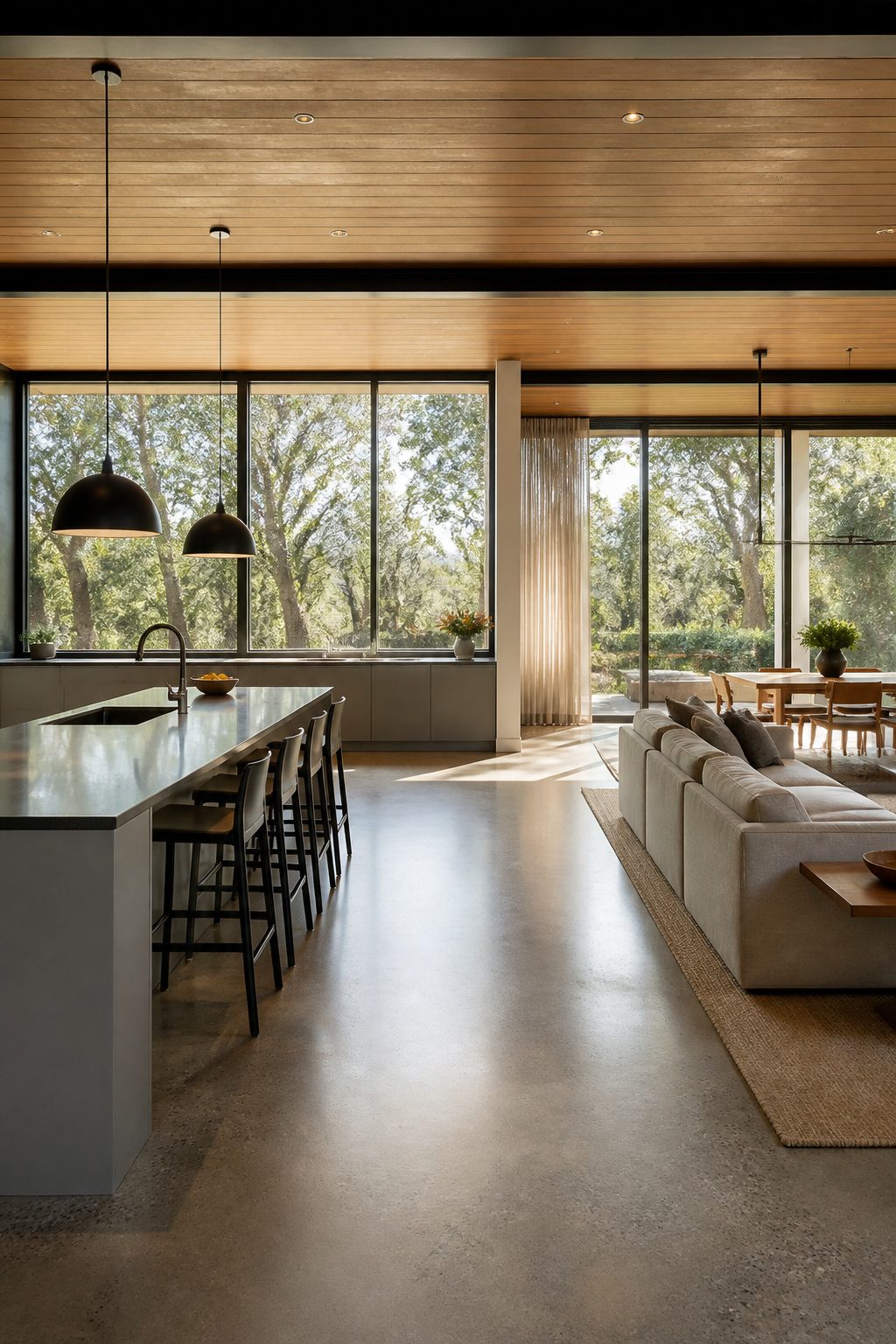 Large windows illuminating an open plan kitchen living room with bright light.