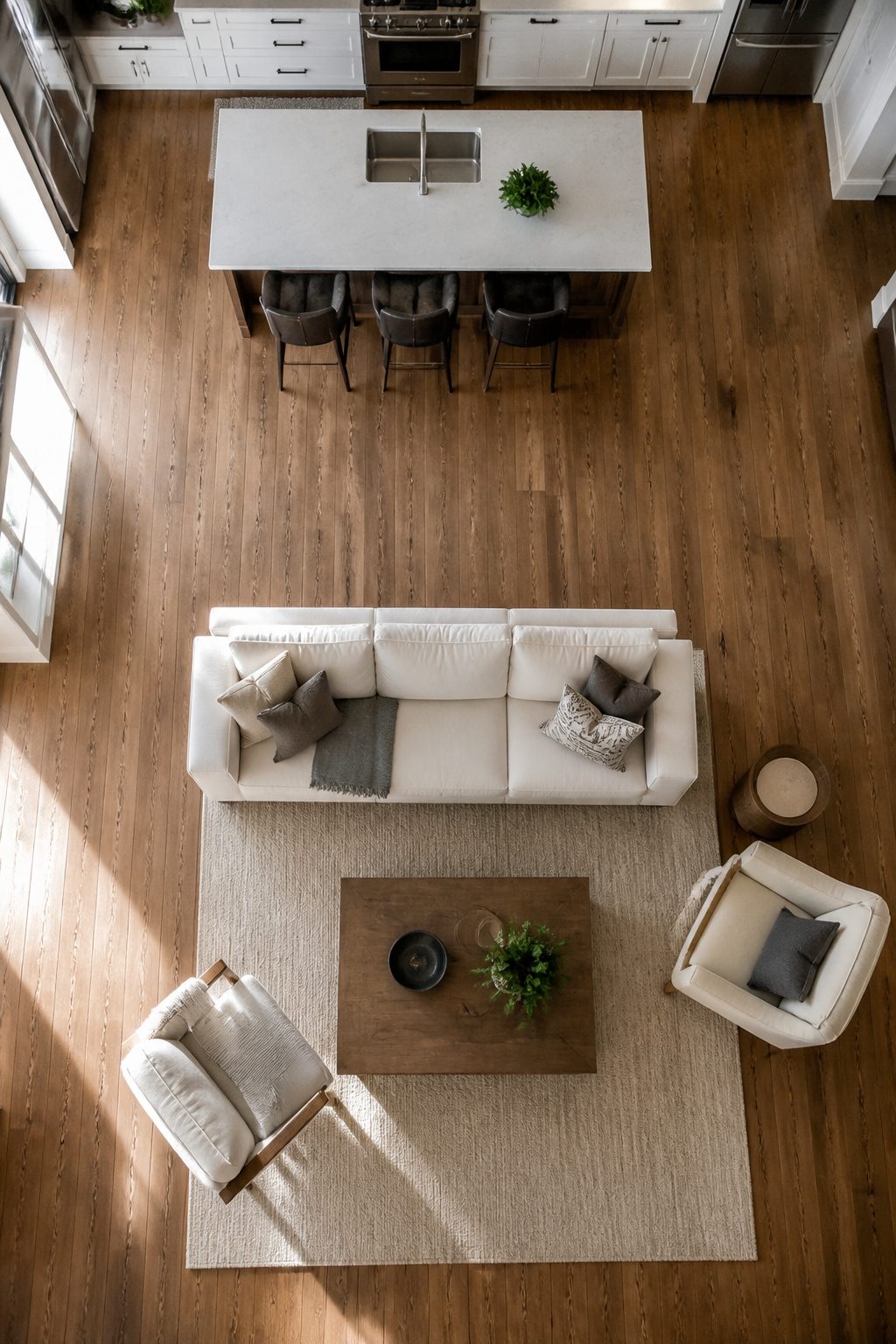 A sofa acting as a divider in an open plan kitchen living room layout.