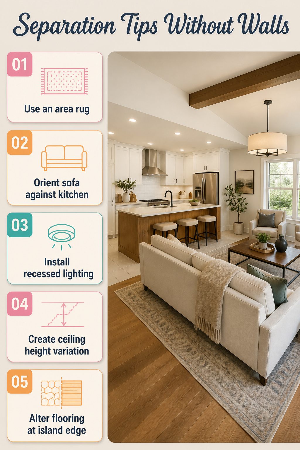 A living room with a rug and a sofa positioned to create space division.