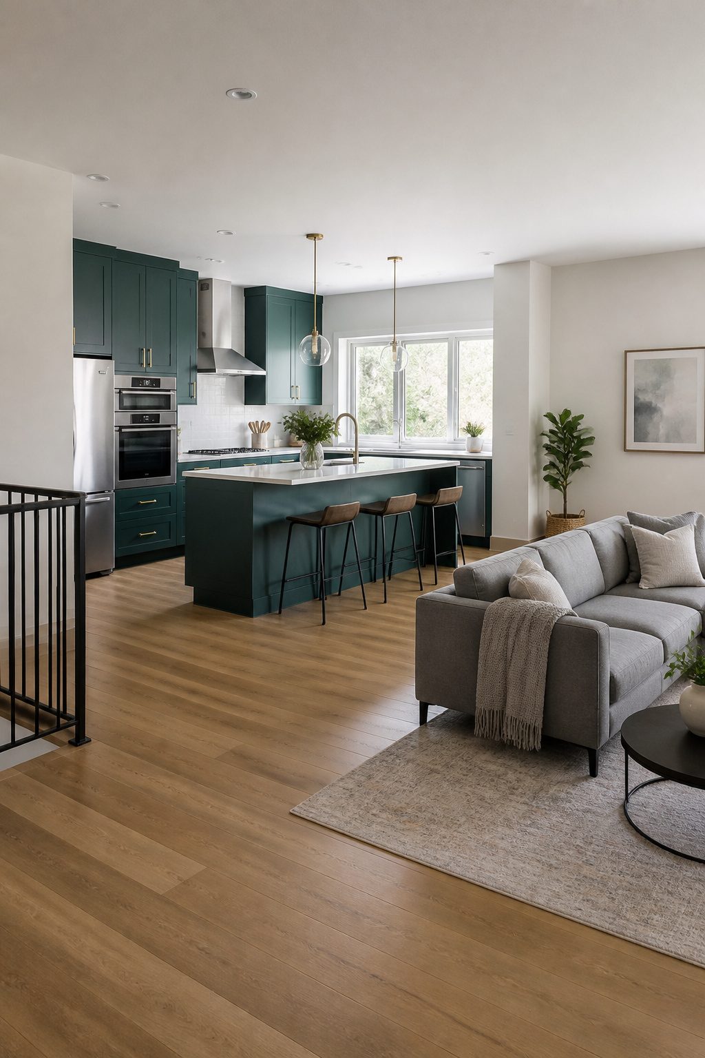 A kitchen peninsula dividing the cooking area from the living room.